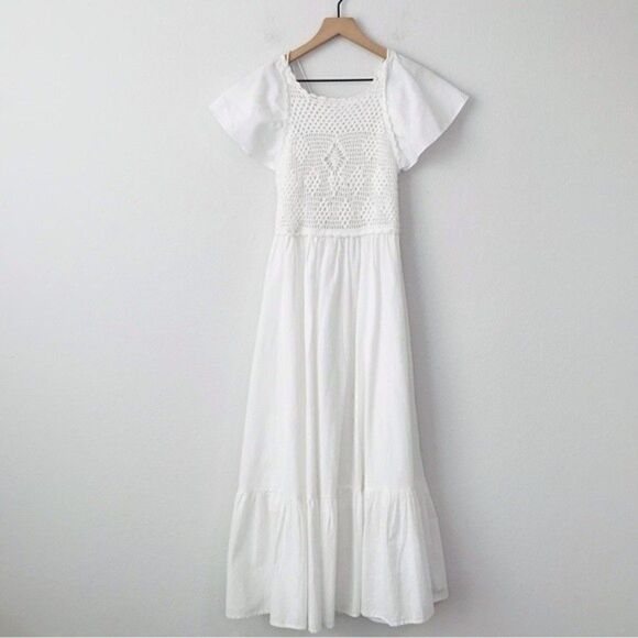 New! Zara Linen Crochet Bohemian Open Back Tiered Ruffle Sleeve White Maxi Dress - Picture 2 of 13